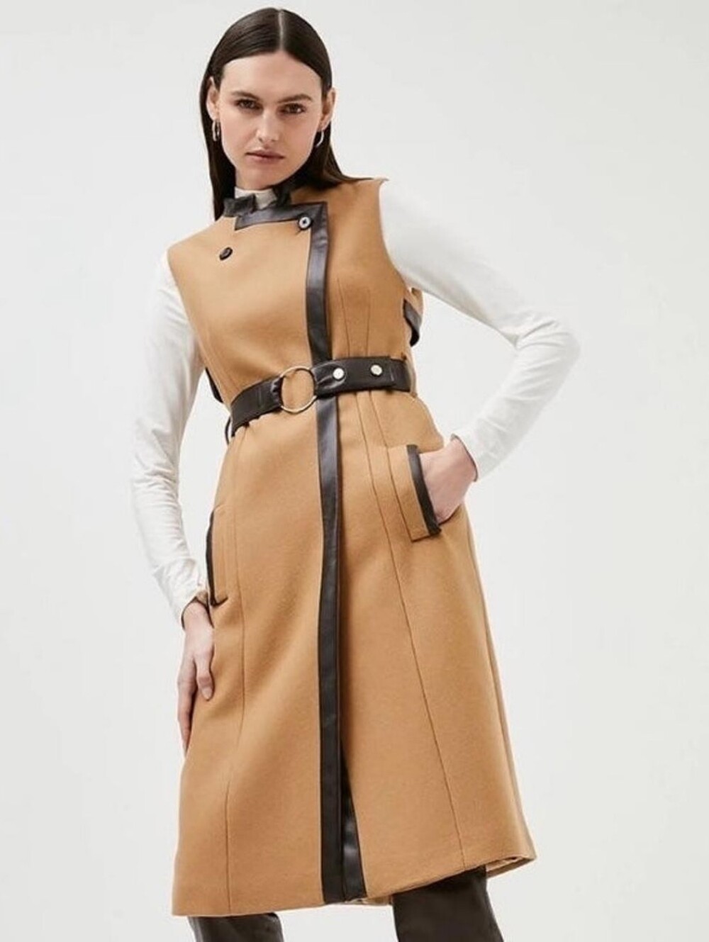 New Karen Millen Camel Faux Leather Trim Long Vest Sleeveless Trench Wool Sz 10